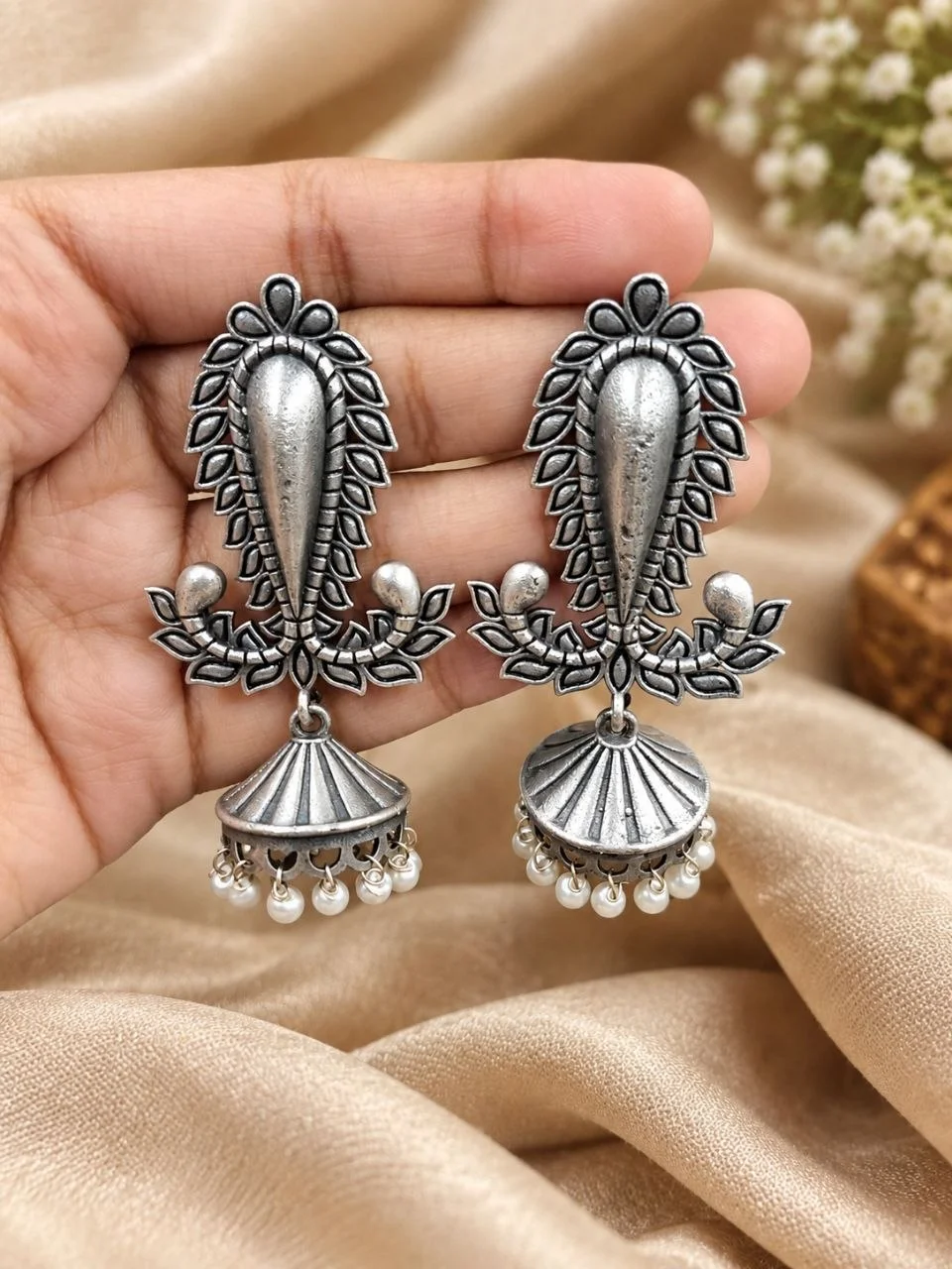 Oxidised Paisley Jhumka Earrings with Leaf Scrollwork – view 2