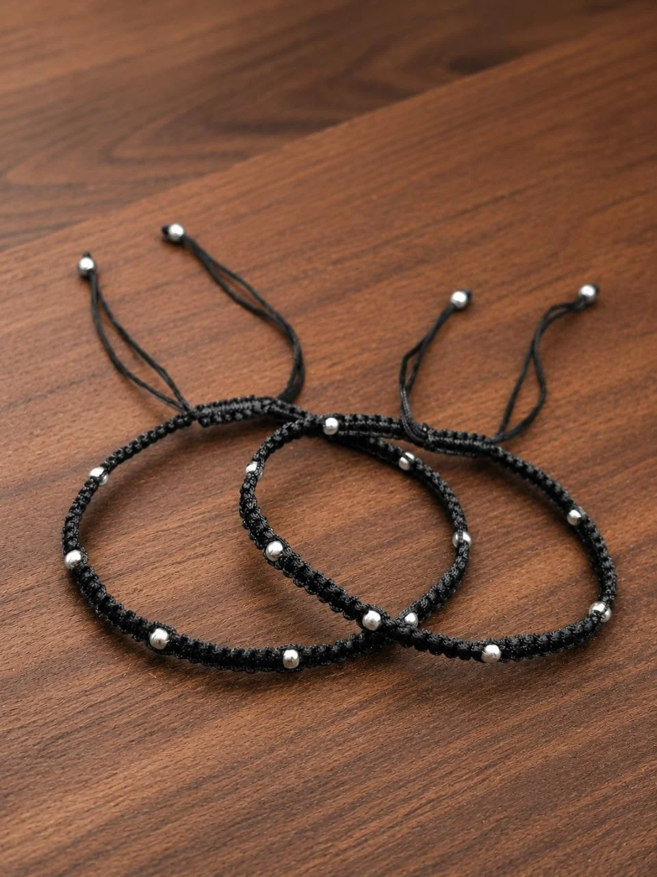 Black Thread Anklet with Silver Ball Beads and Sliding Knot Closure – view 2