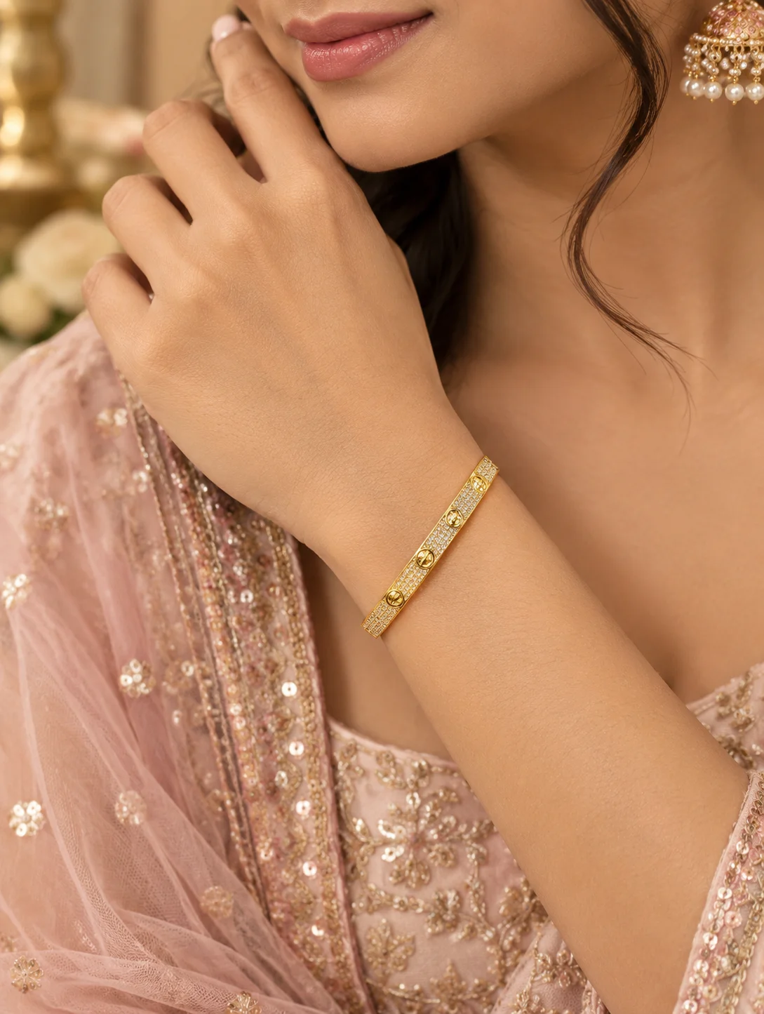 Anti Tarnish Screw Stud Band Korean-style Bracelet with Stone Row