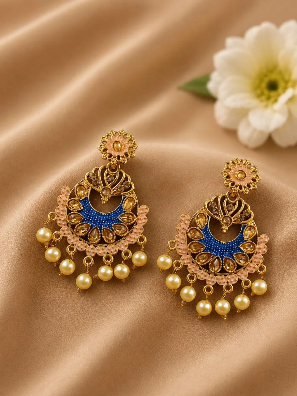 Hand Painted Enamel Chandbali with Bead Fringe