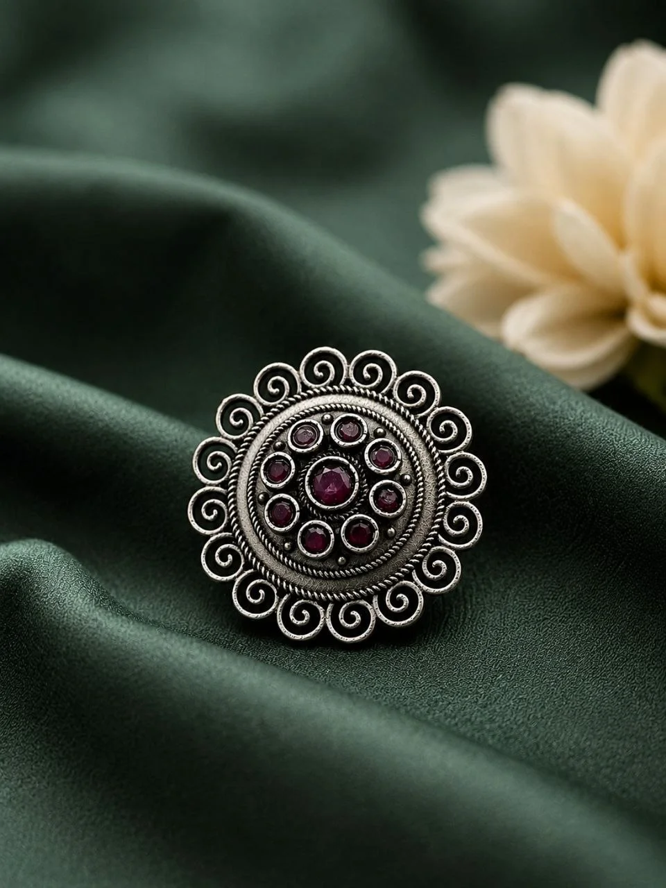 Oxidised Spiral Border Ring with Blue Stones – view 2