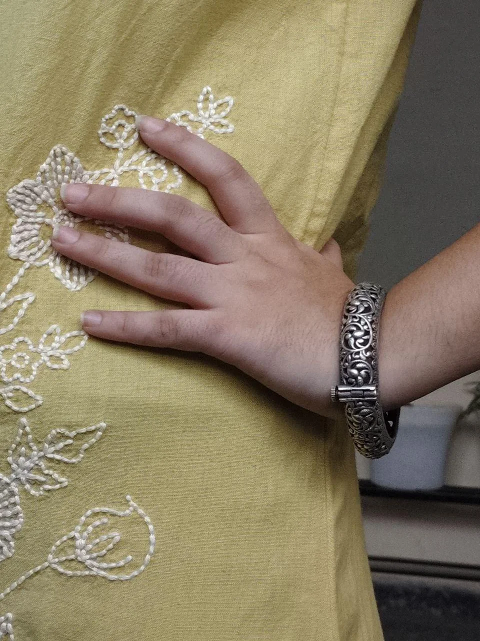 Oxidised Antique Engraved Cuff Bangle – view 2