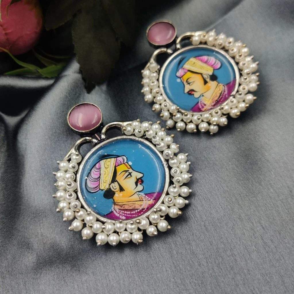 Hand-Painted Miniature Art Disc Earrings with Pearl Frame – view 2