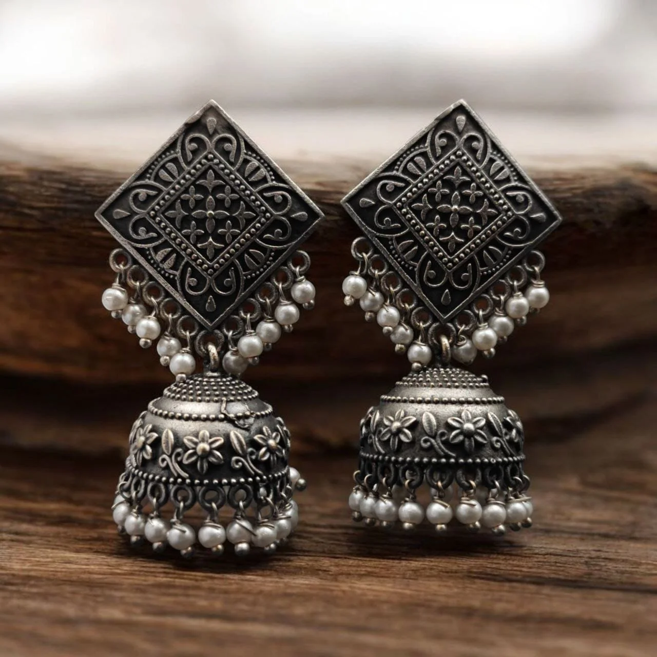 Oxidised Square Mandala Stud Jhumka with Floral Dome and Pearl Fringe – view 2