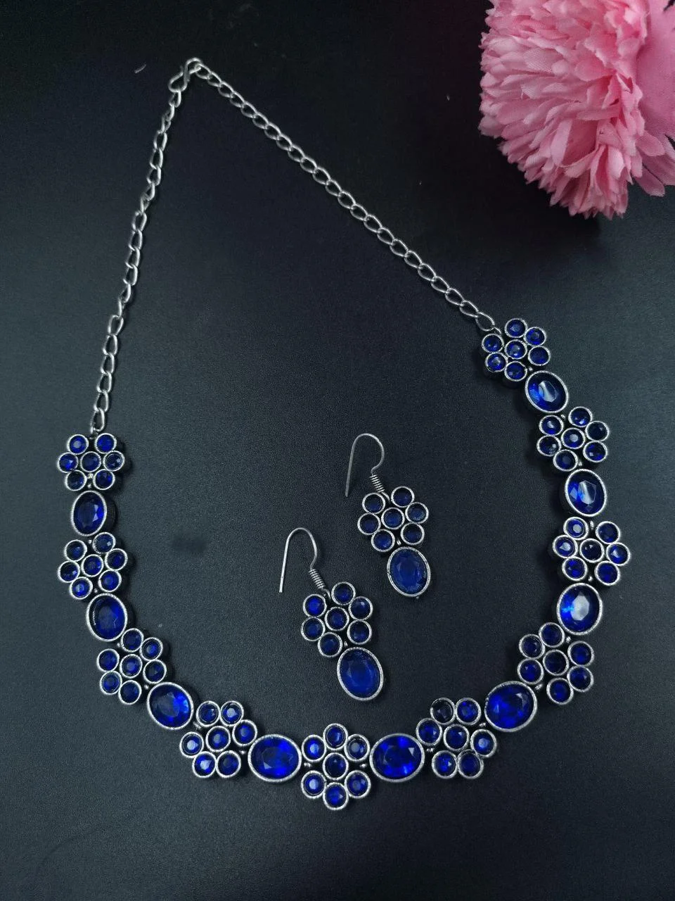Oxidised Stone Cluster Choker Necklace Set
