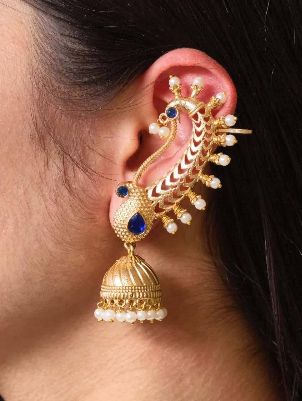 Peacock Ear Cuff Jhumka with Pearl Tail – view 3
