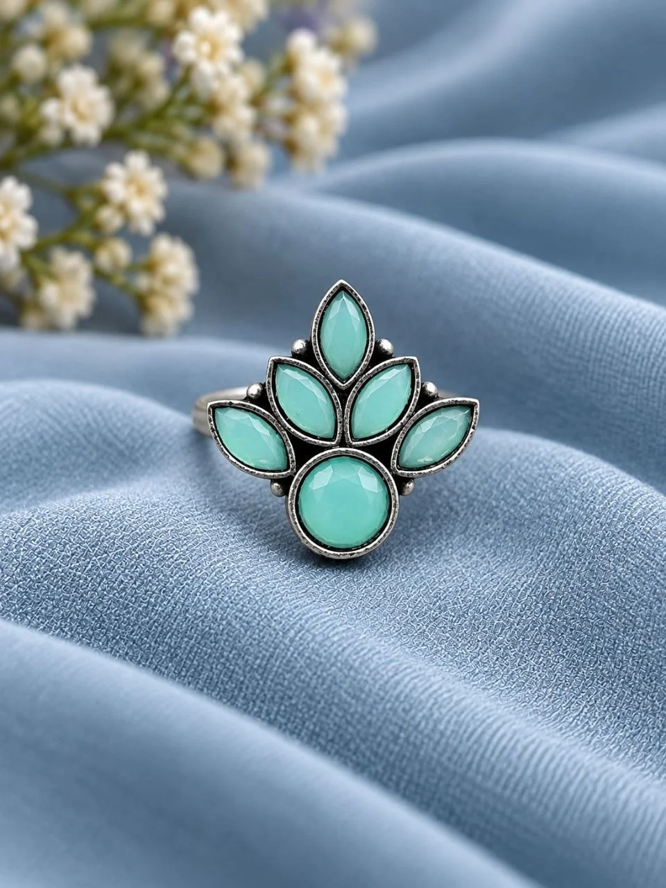 Oxidised Flower Ring with White Stones – view 4