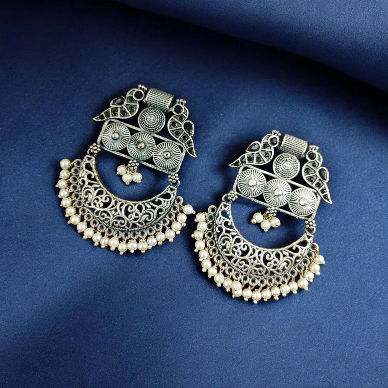 Oxidised Engraved Disc Chandbali Earrings with Bird Heads and Pearl Fringe