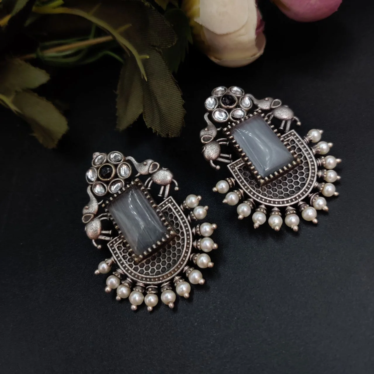Oxidised Elephant Stud Earrings with Rectangular Stone and Pearl Rim
