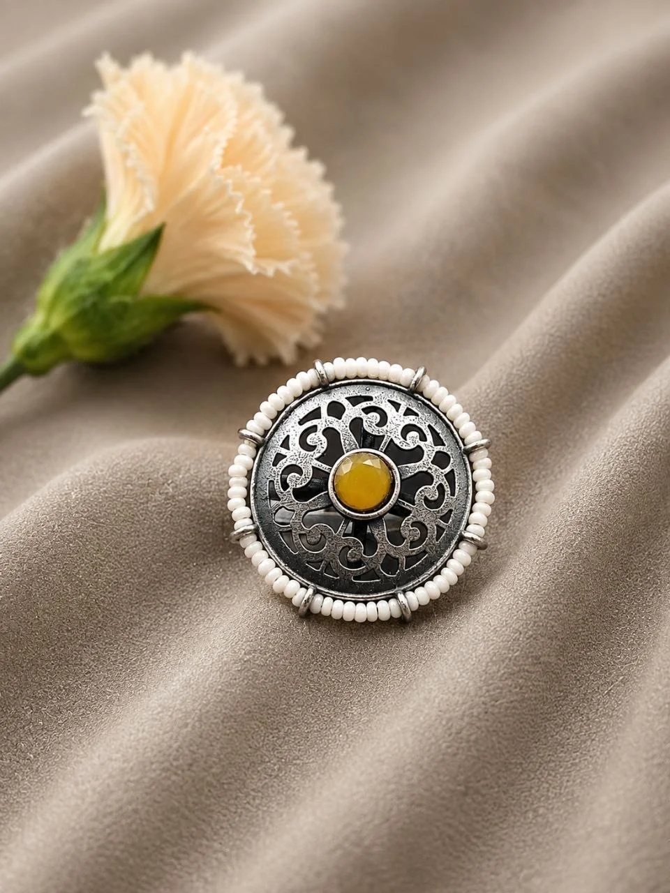 Small Oxidised Ring with Green Stone – view 5
