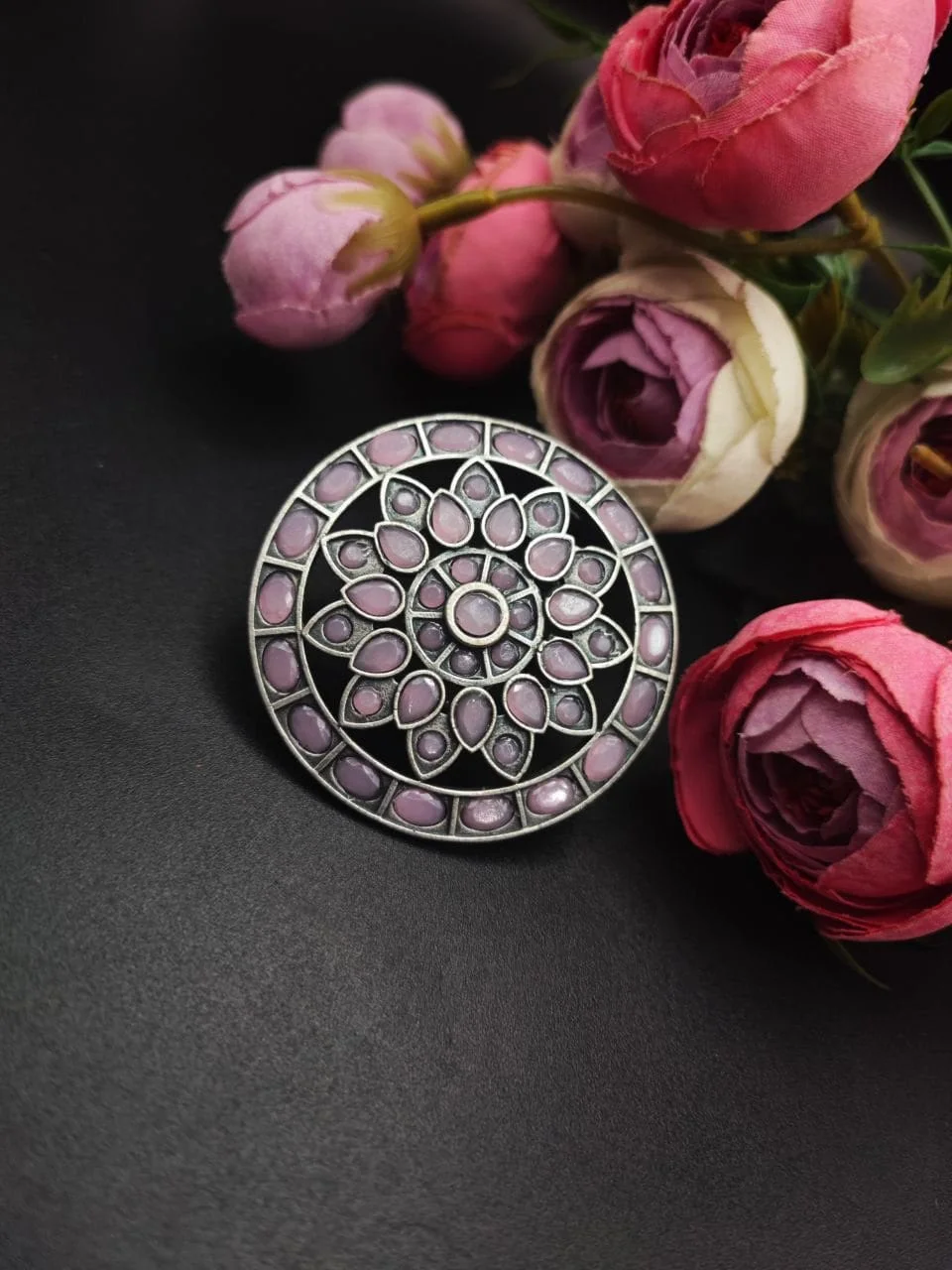 Oxidised Mandala Ring with Stone Cluster