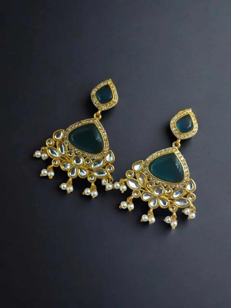 Half Moon Stone Earrings with Kundan Border