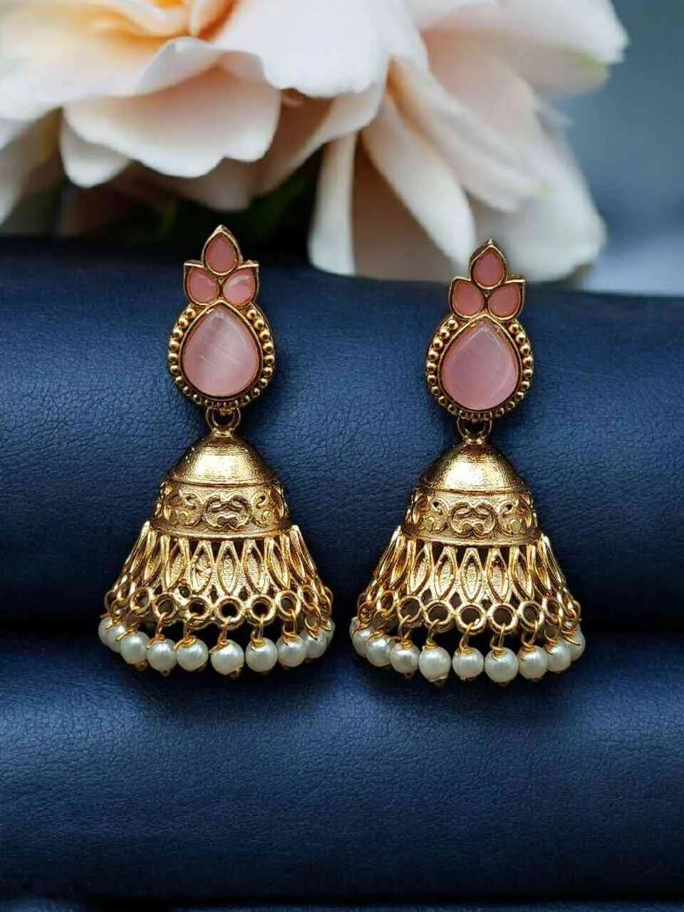 Green Teardrop Stone Jhumka with Textured Bell – view 2