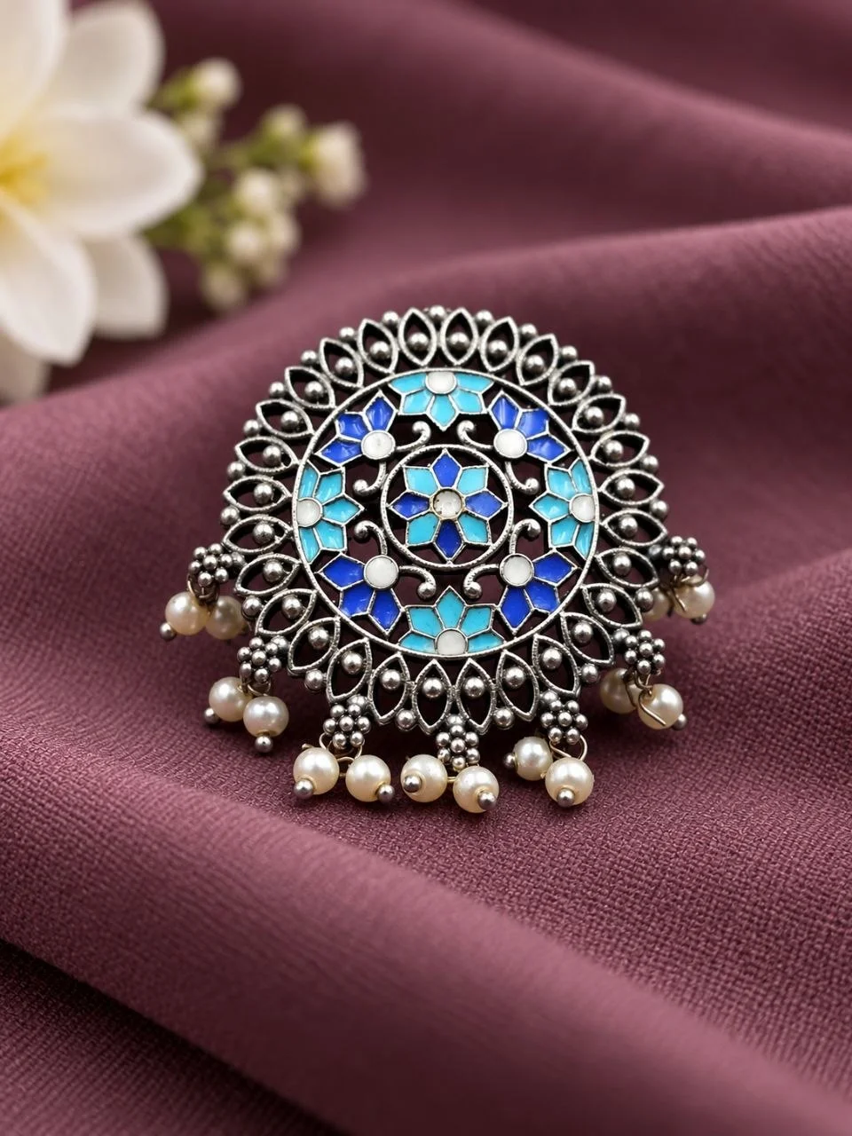 Oxidised Meenakari Mandala Ring with Pearl Drops – view 5