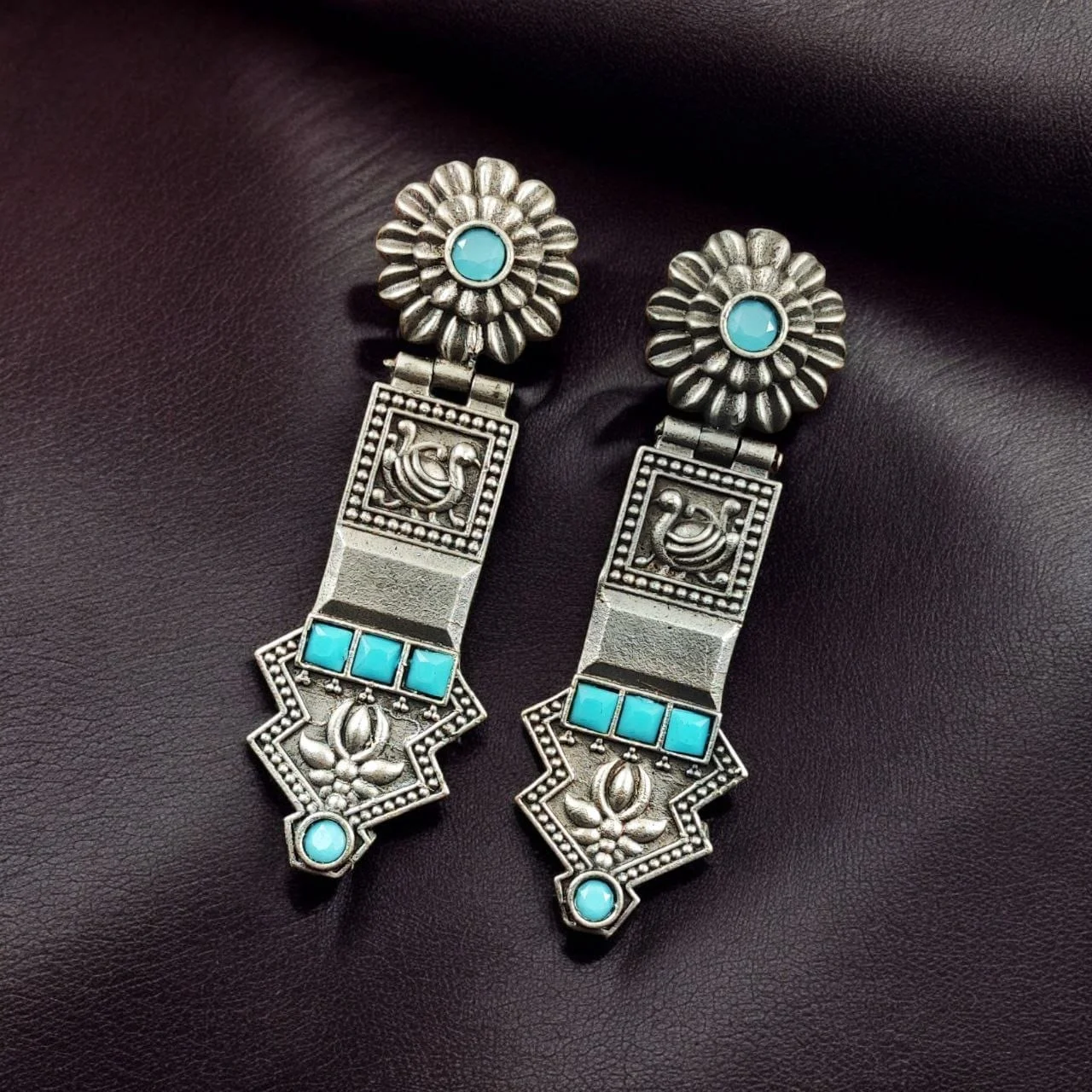 Oxidised Stepped Panel Long Earrings with Peacock, Lotus and Stones