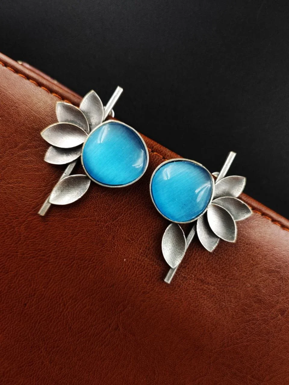 Oxidised Half Flower Stud Earrings with Round Stone