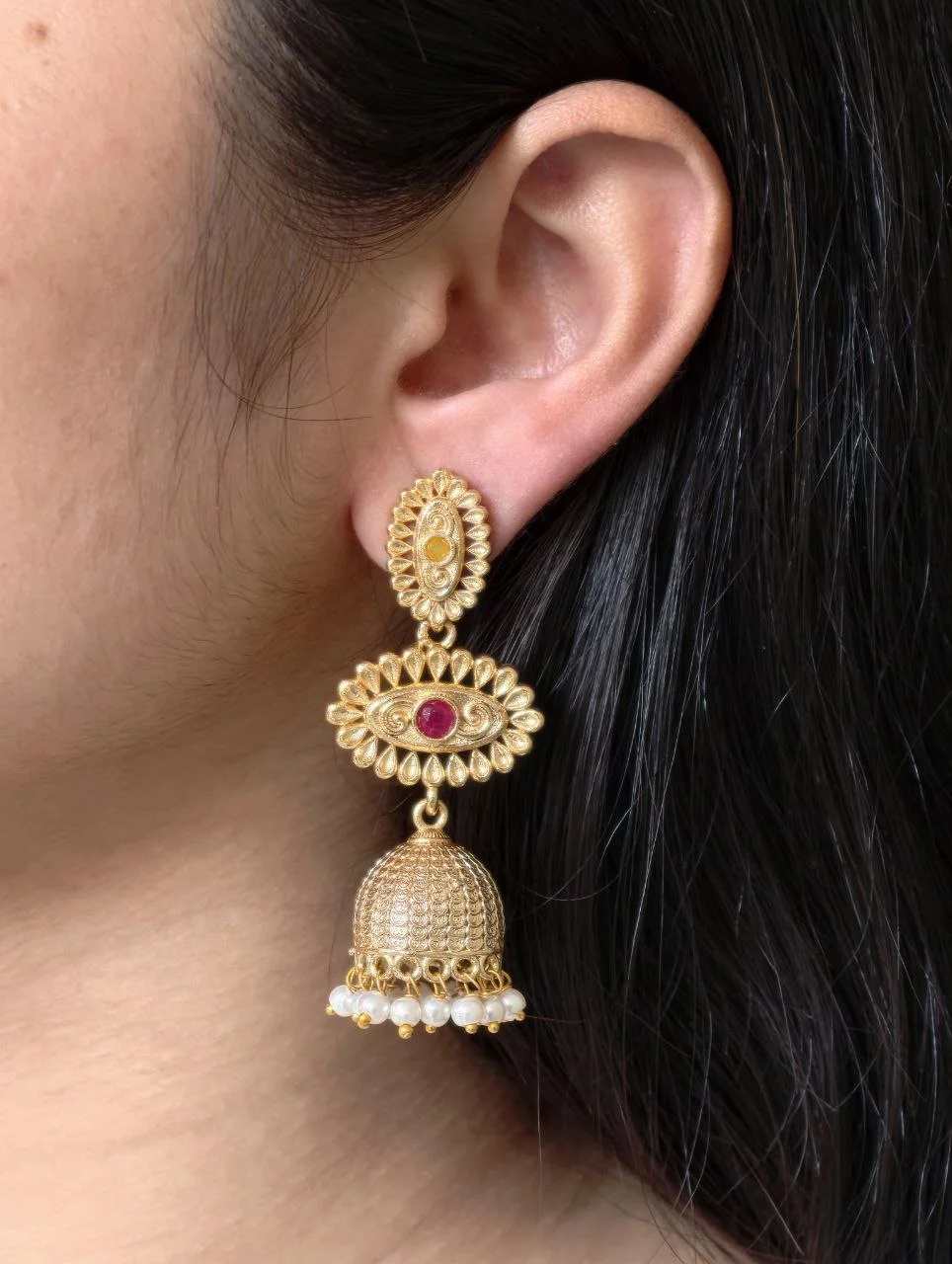 Turquoise Rosette Three Tier Jhumka – view 2