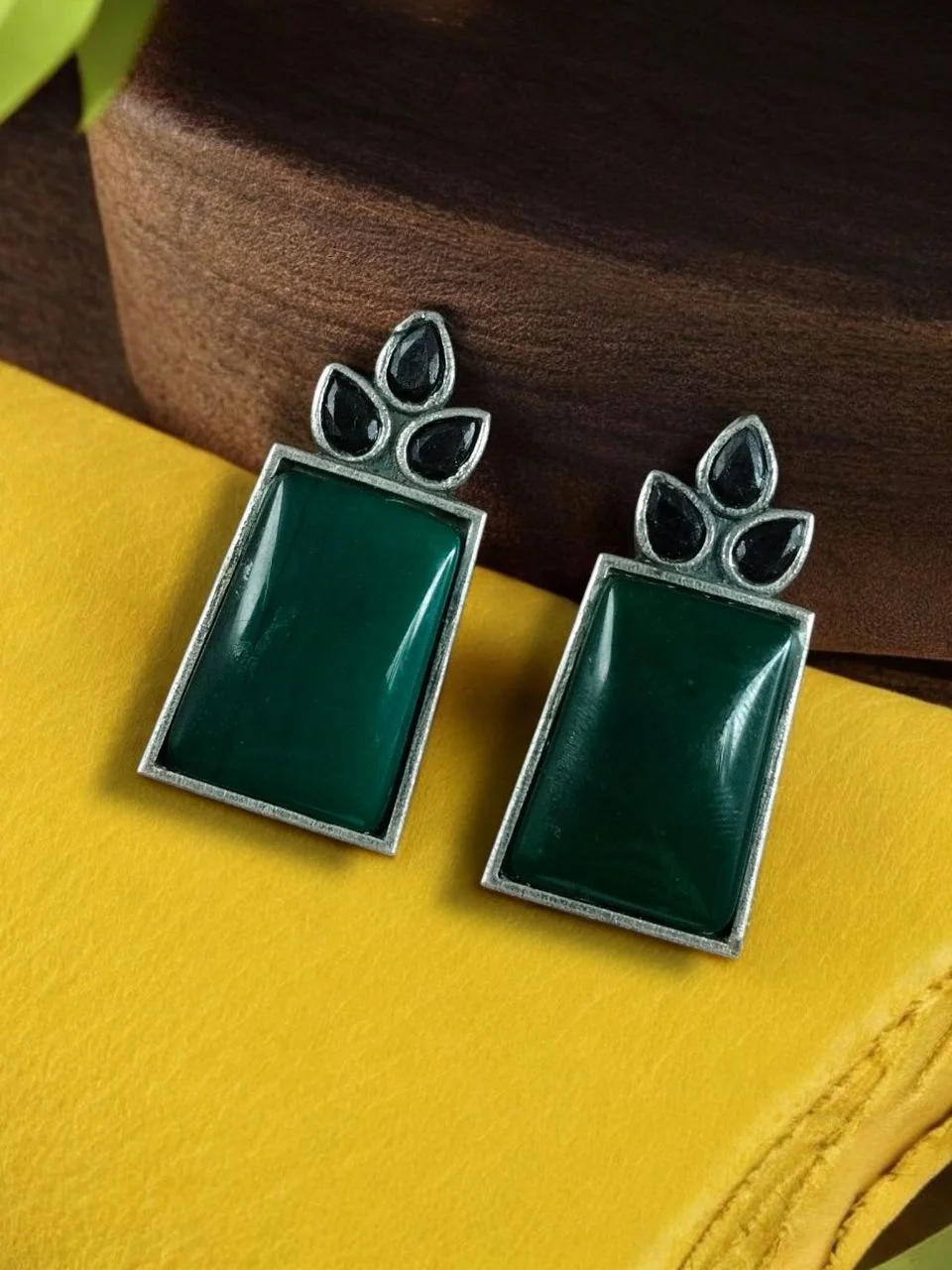 Oxidised Rectangle Stone Stud Earrings with Teardrop Stone Crown