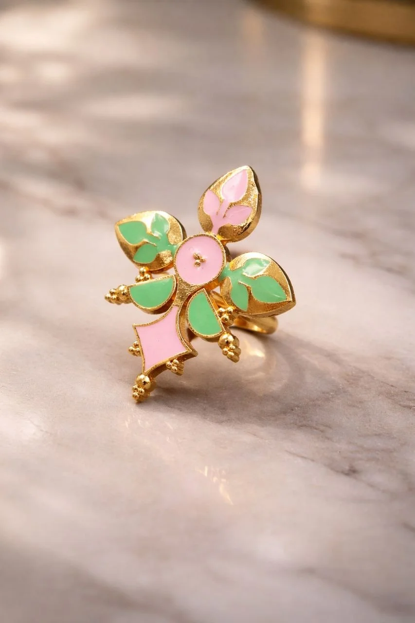 Gold Enamel Floral Ring with Scalloped Edge – view 5