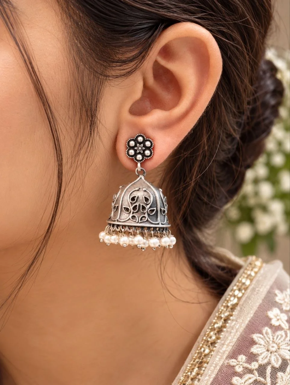Oxidised Leaf-Cut Jhumka Earrings with Floral Stud and Pearl Fringe