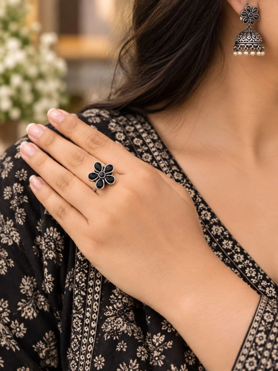 Small Oxidised Flower Ring with Black Stones
