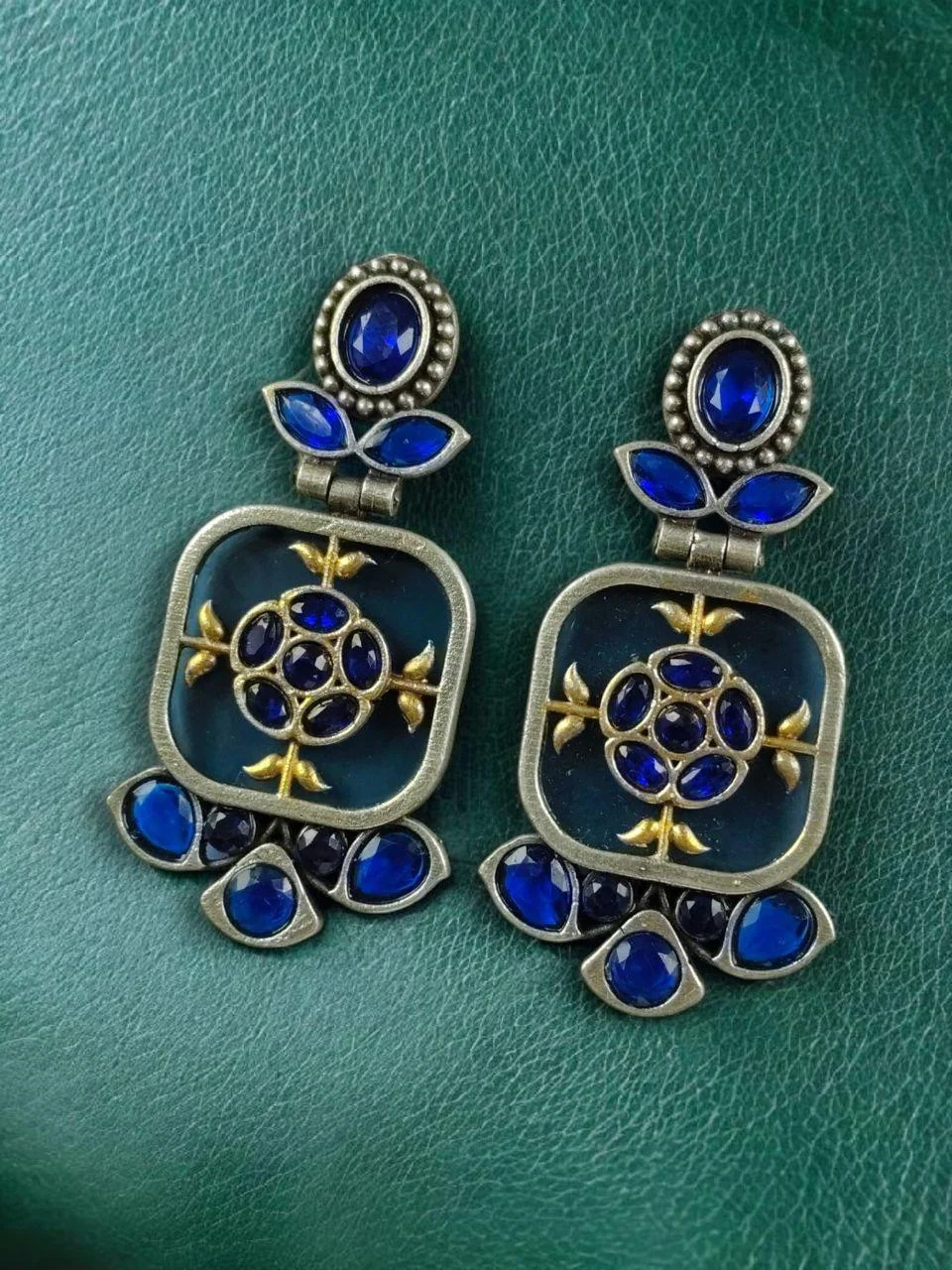 Two-Tone Square Frame Earrings with Stone Flower and Leaf Stones
