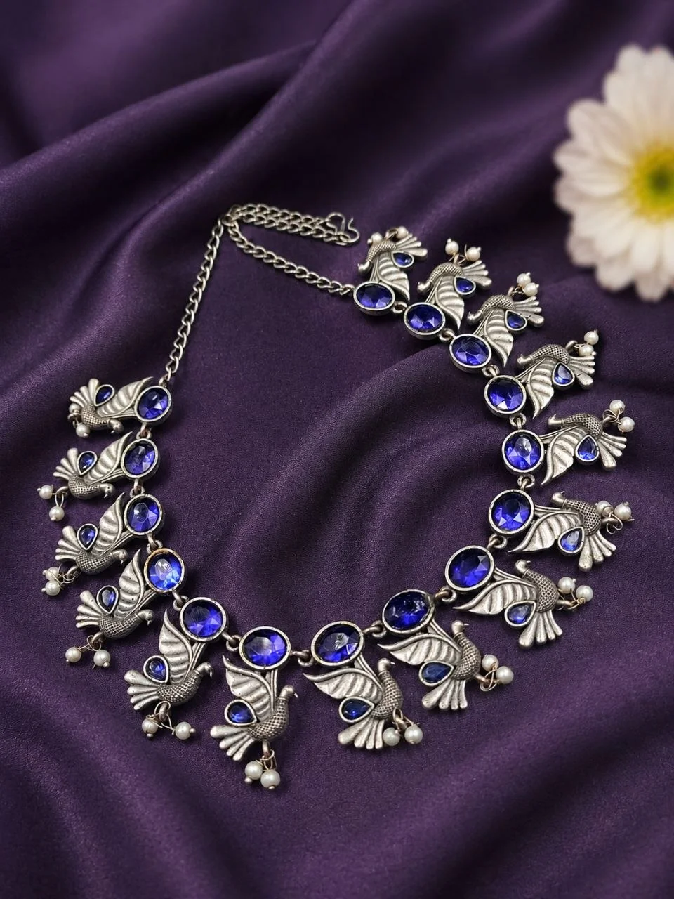 Oxidised Peacock Link Necklace with Stone Work