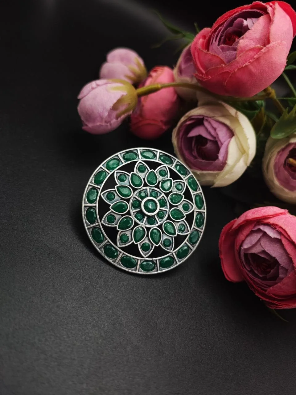 Oxidised Mandala Ring with Stone Cluster – view 3
