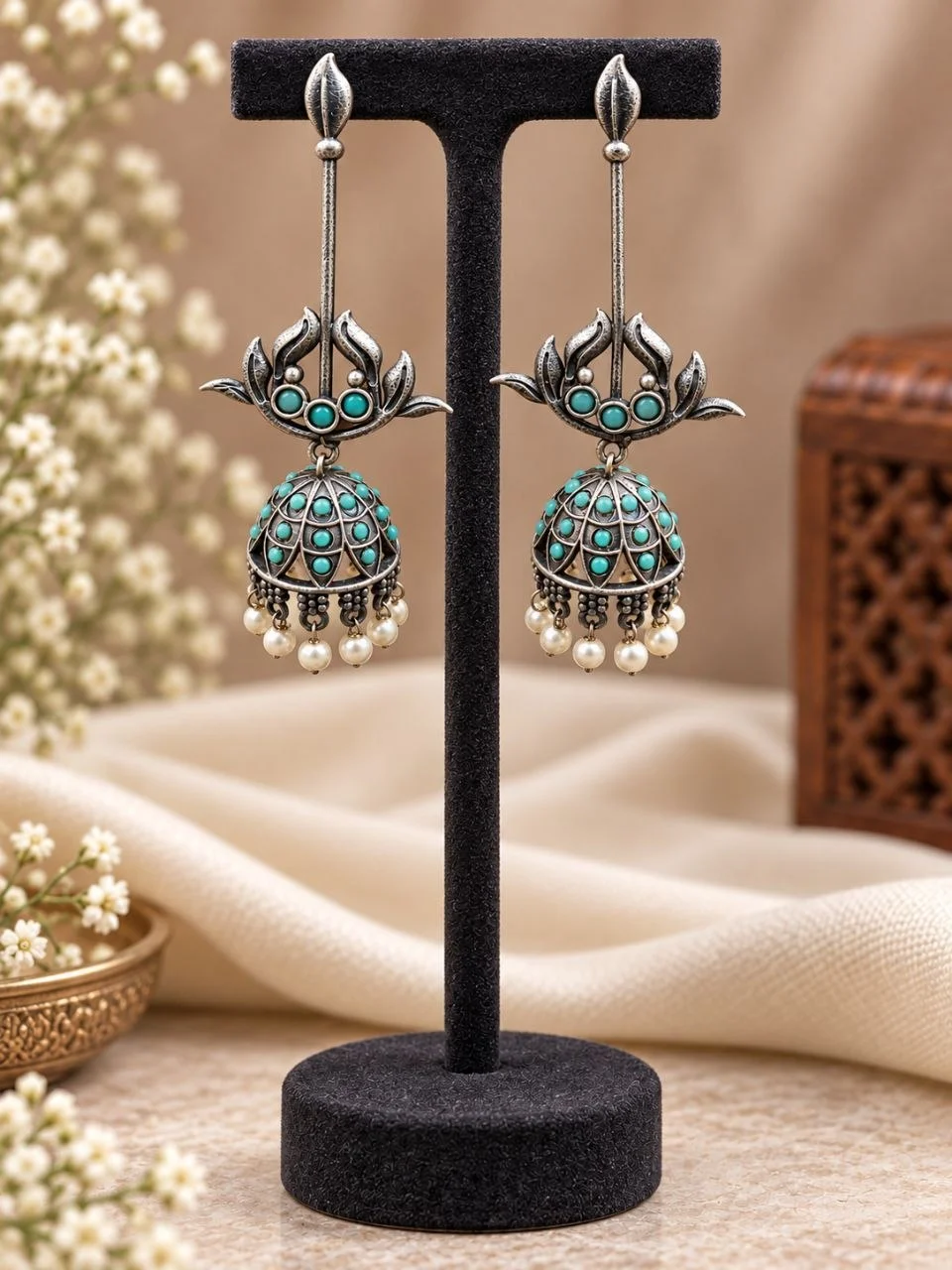 Lotus Top Enamel Jhumka Earrings with Pearl Fringe
