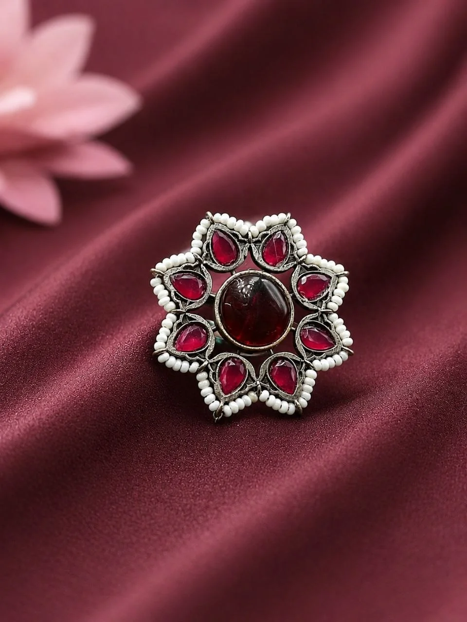 Oxidised Star Flower Ring with Turquoise and Pearls – view 3