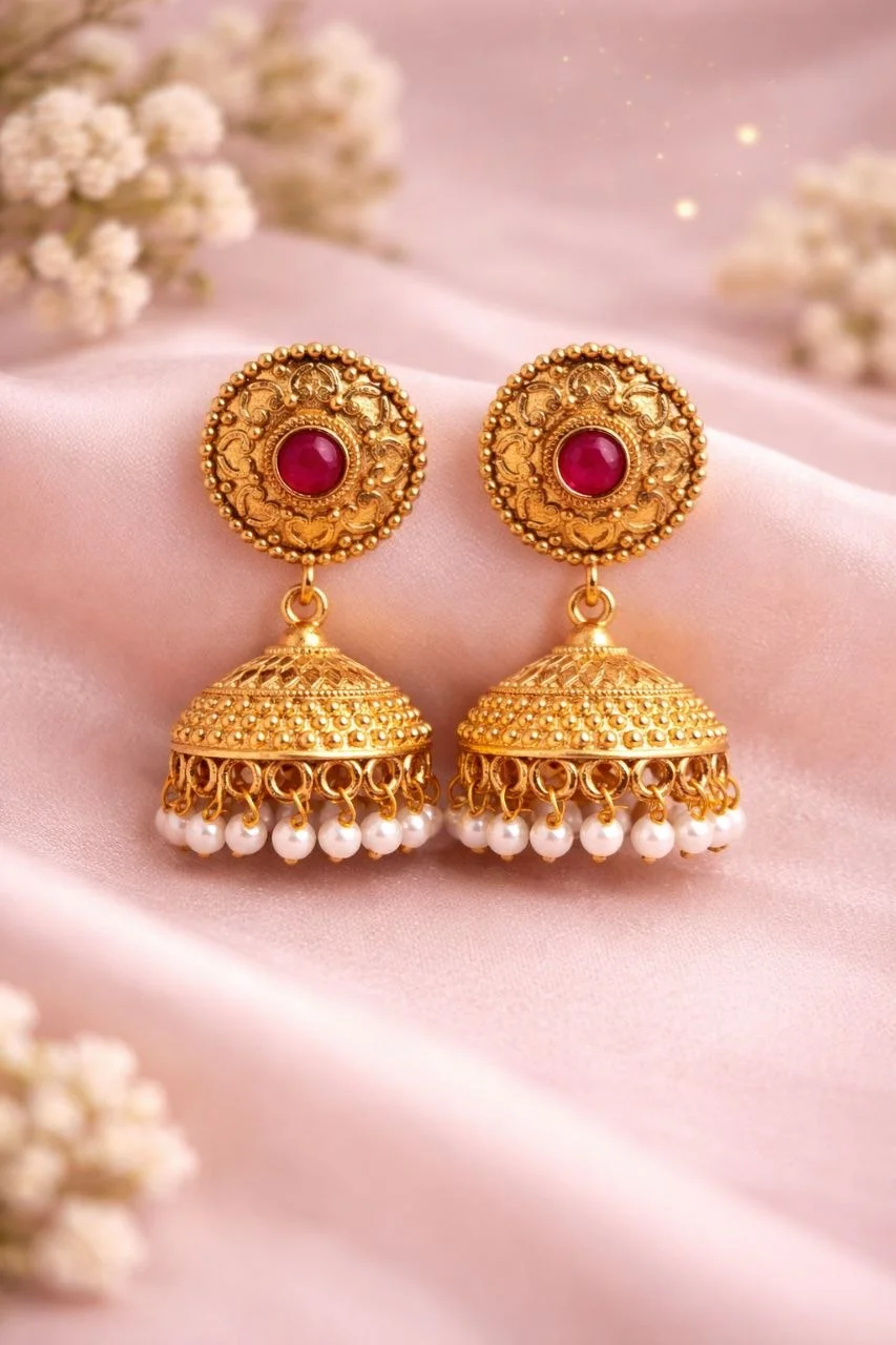 Blue Stone Stud Jhumka with Fluted Bell – view 3