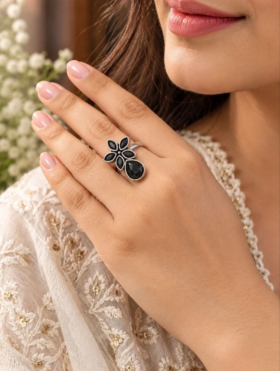 Oxidised Flower Ring with Black Stone Drop