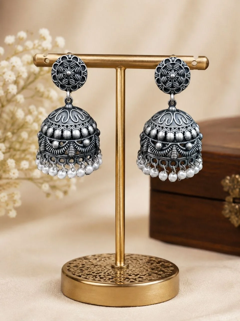 Oxidised Flower Stud Jhumka Earrings with Engraved Bell and Pearl Fringe – view 2