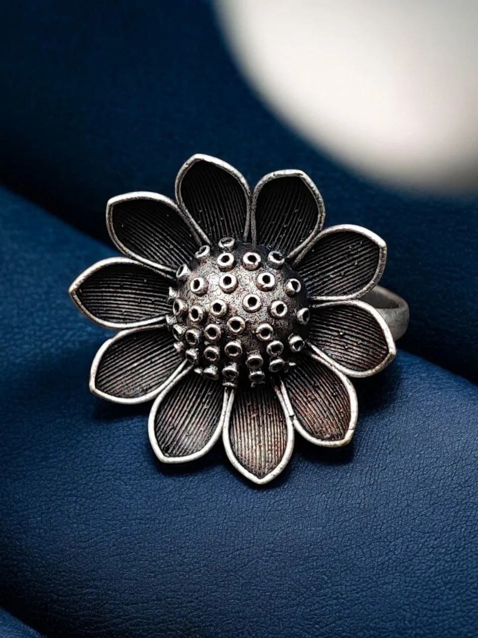 Oxidised Flower Ring with Black Stone – view 2
