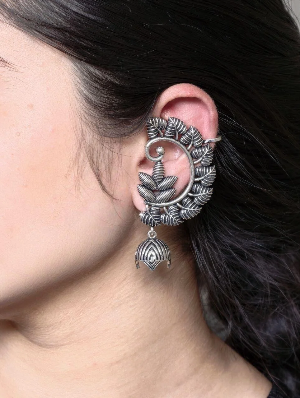 Oxidised Leaf Ear Cuff Earrings with Mini Jhumka