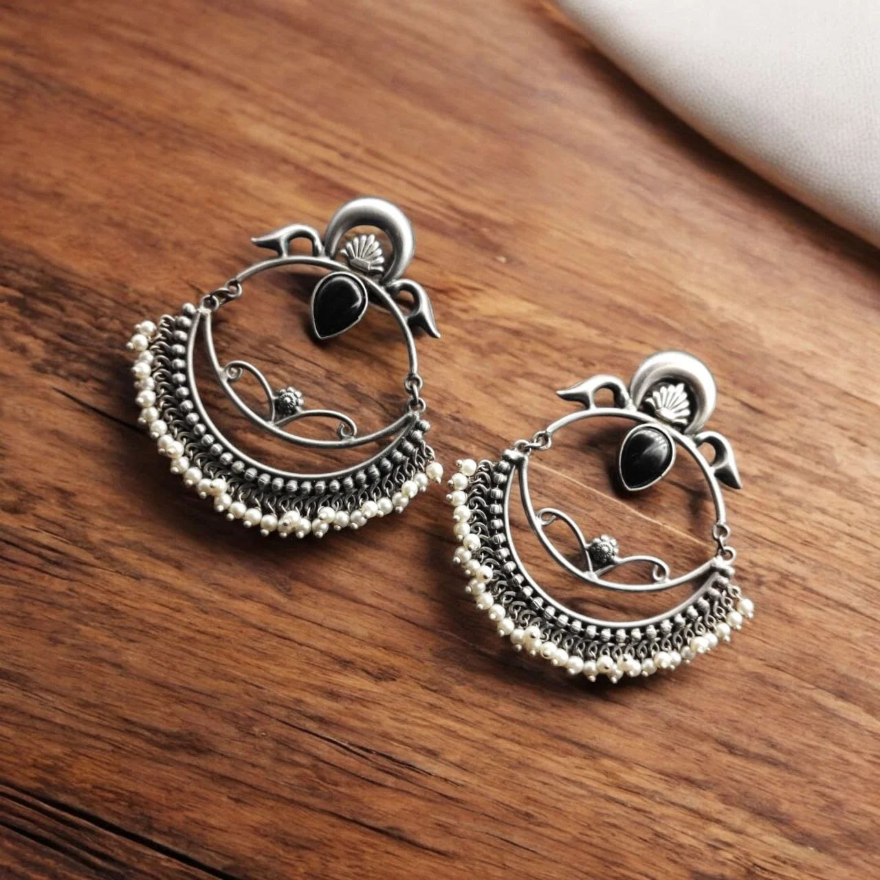 Oxidised Open Hoop Chandbali Earrings with Vine and Pearl Rows