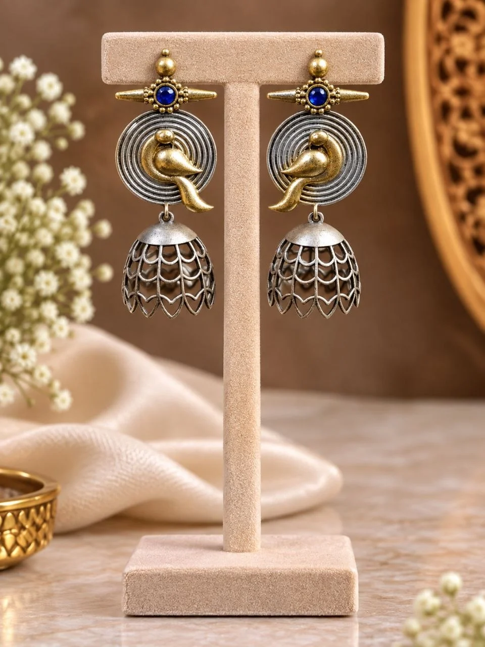 Two-Tone Bird Jhumka Earrings with Spiral Disc and Lattice Bell