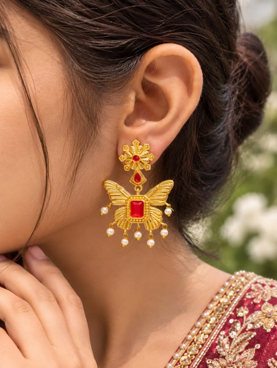 Butterfly Stud Earrings with Stone Wings and Pearl Fringe