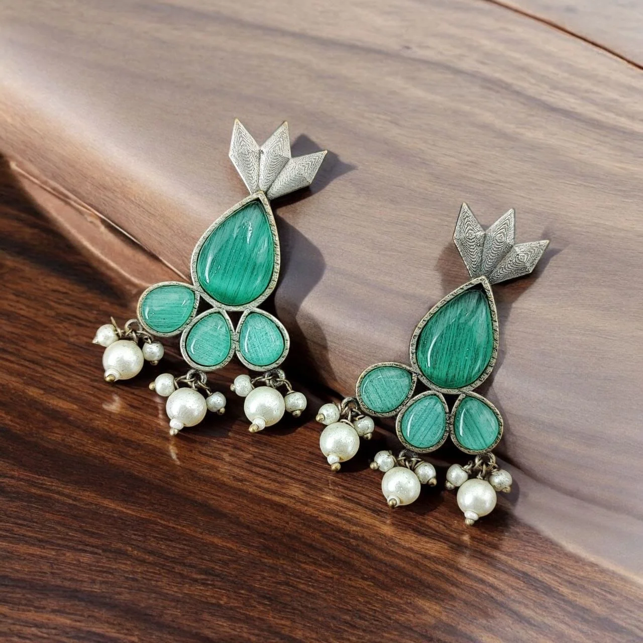 Oxidised Crown Top Pear Stone Earrings with Pearl Drops