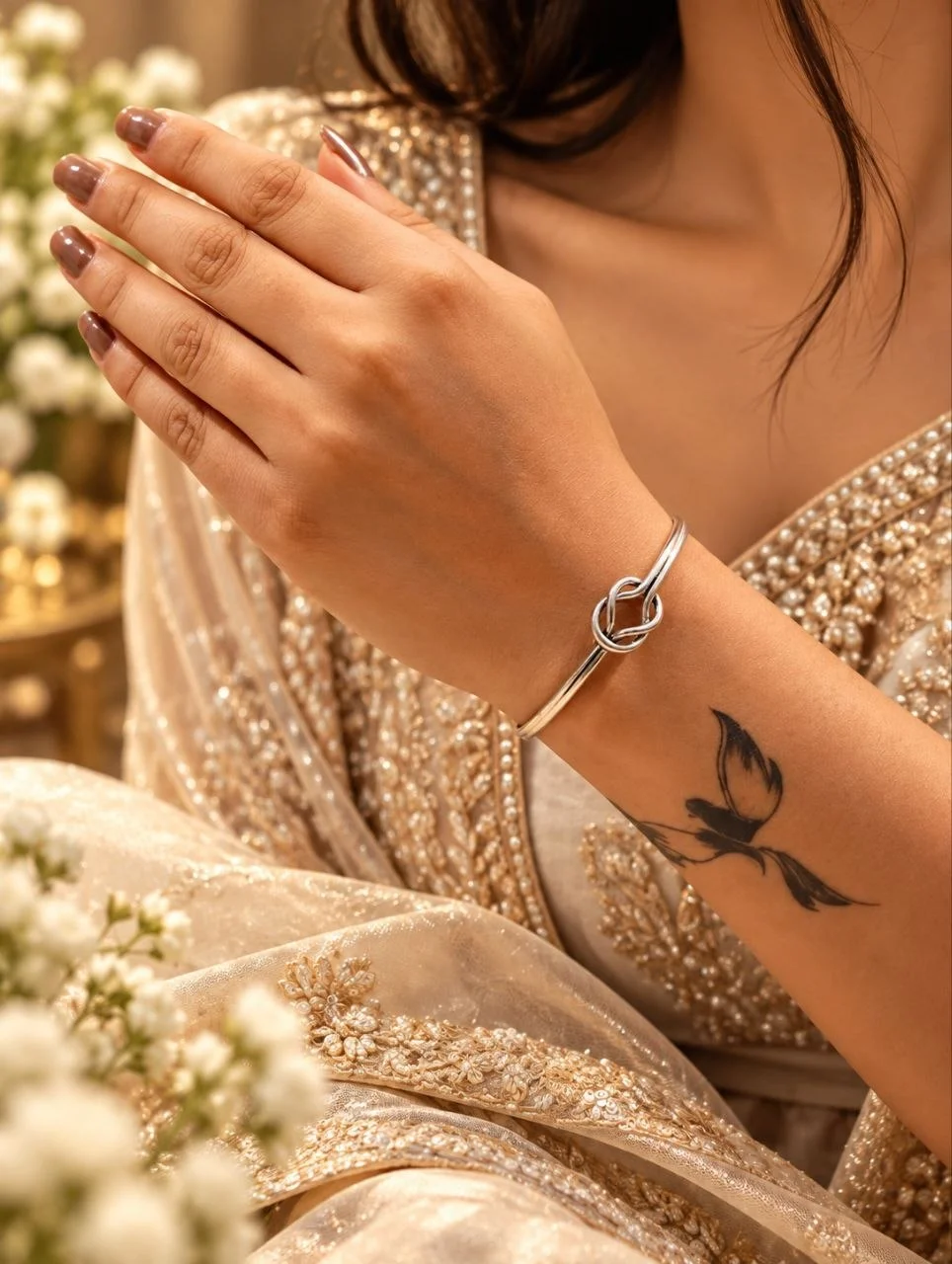 Silver Love Knot Cuff Bracelet with Double Wire Band