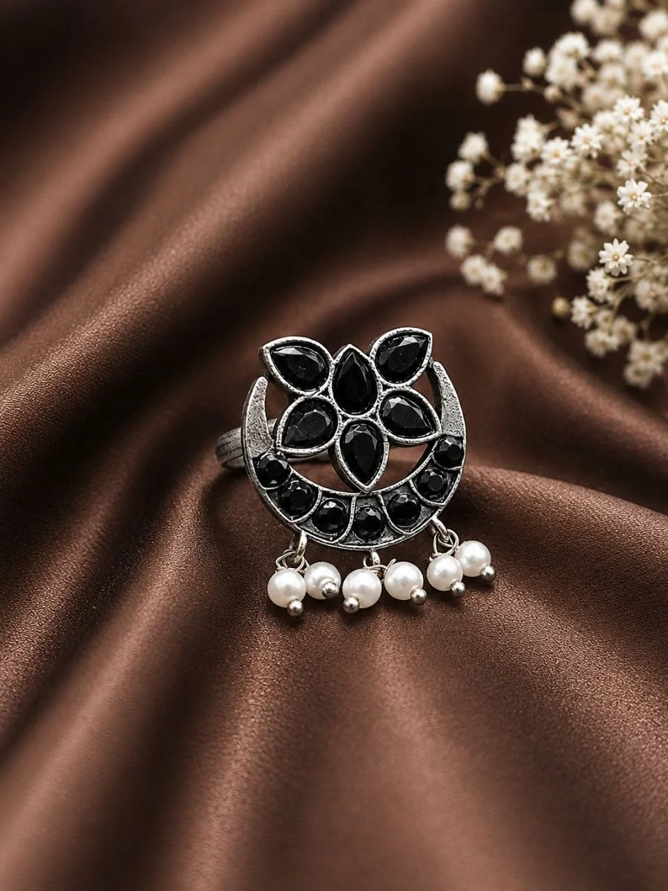 Oxidised Ring with Red Stones and Pearls – view 5