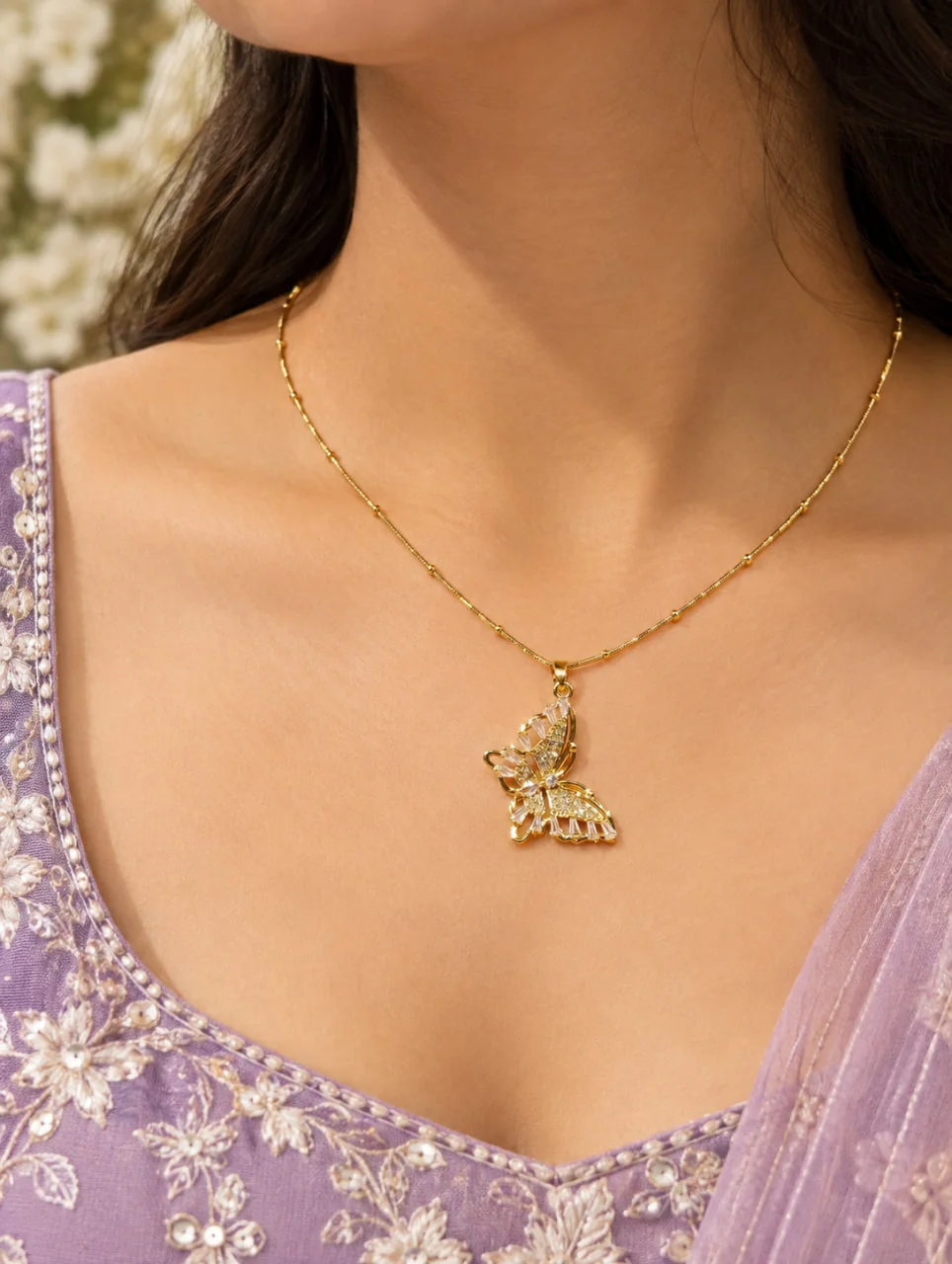 Anti-Tarnish Gold-Tone Butterfly Pendant Necklace with Sparkling CZ Wings on a Beaded Chain