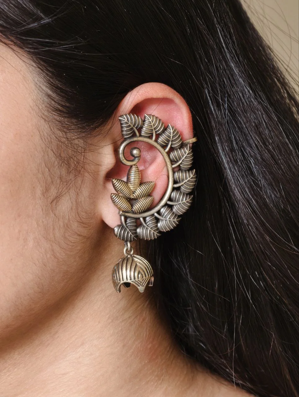 Two-Tone Lotus Leaf Ear Cuff Earrings with Jhumka – view 4