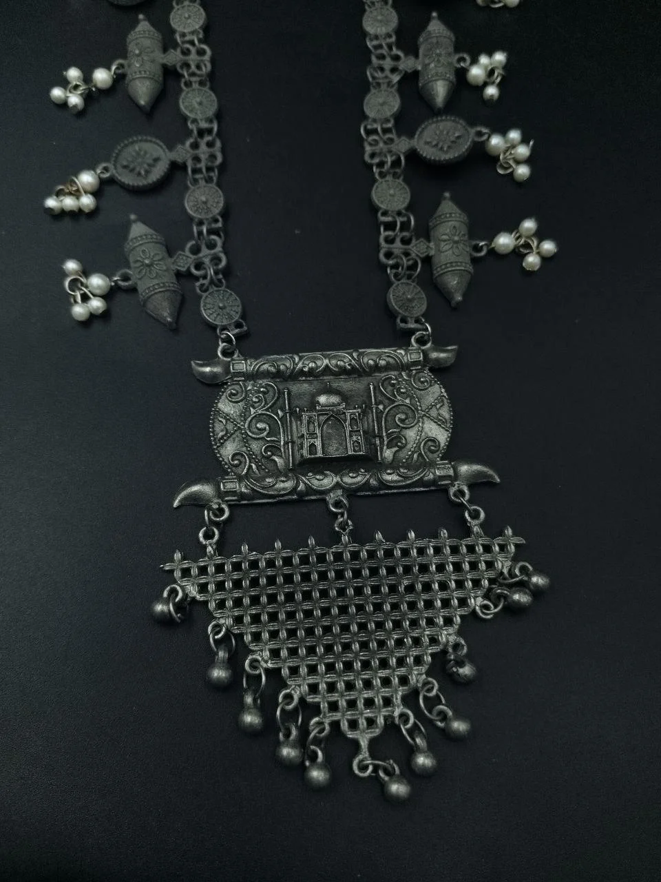 German Silver Temple Long Necklace Set on Black Thread – view 2