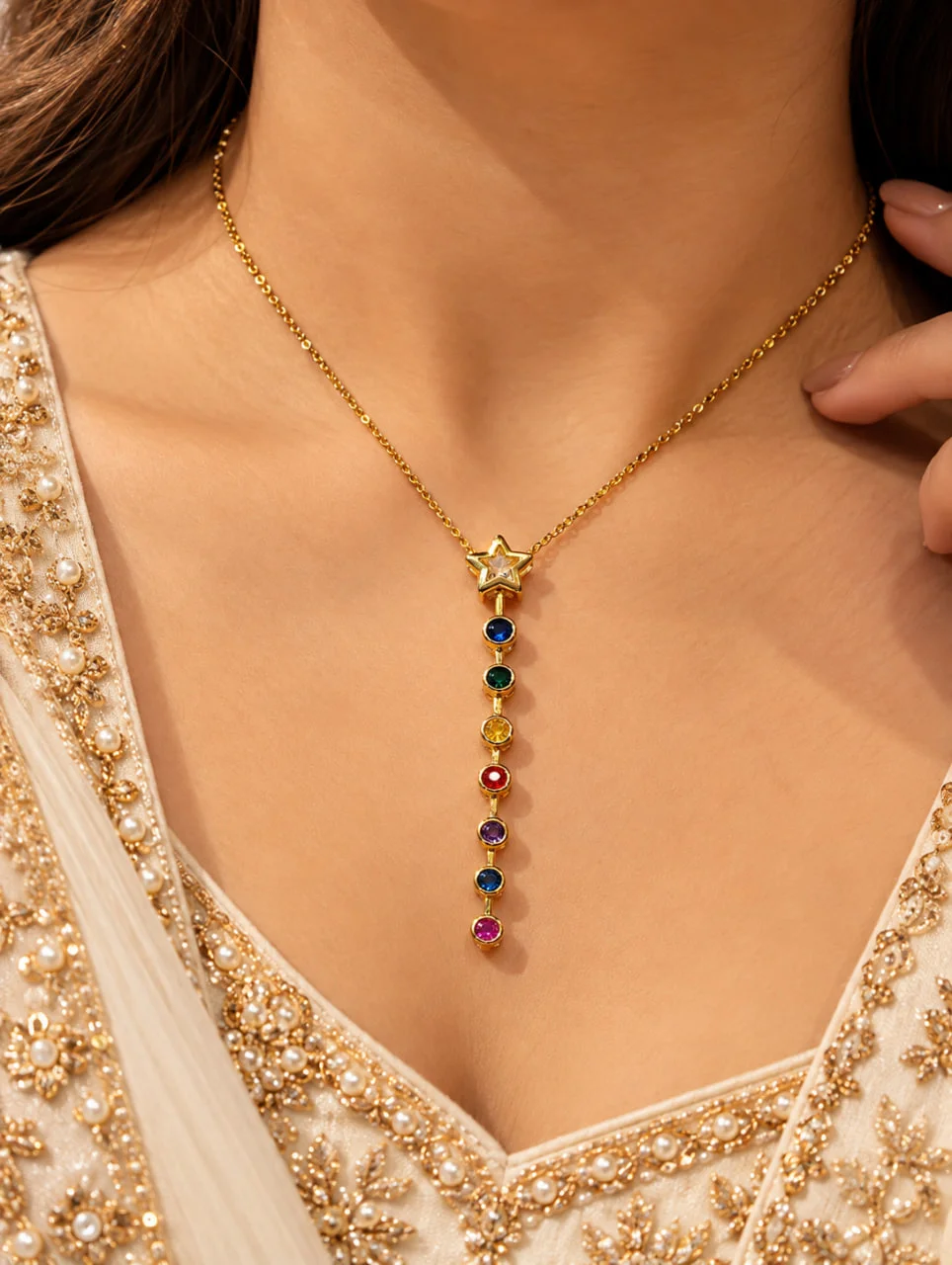 Anti-Tarnish Gold Star Necklace with Multicolour Crystal Drop
