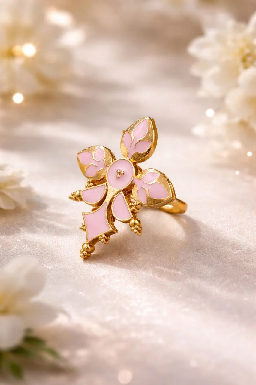 Gold Enamel Floral Ring with Scalloped Edge – view 2