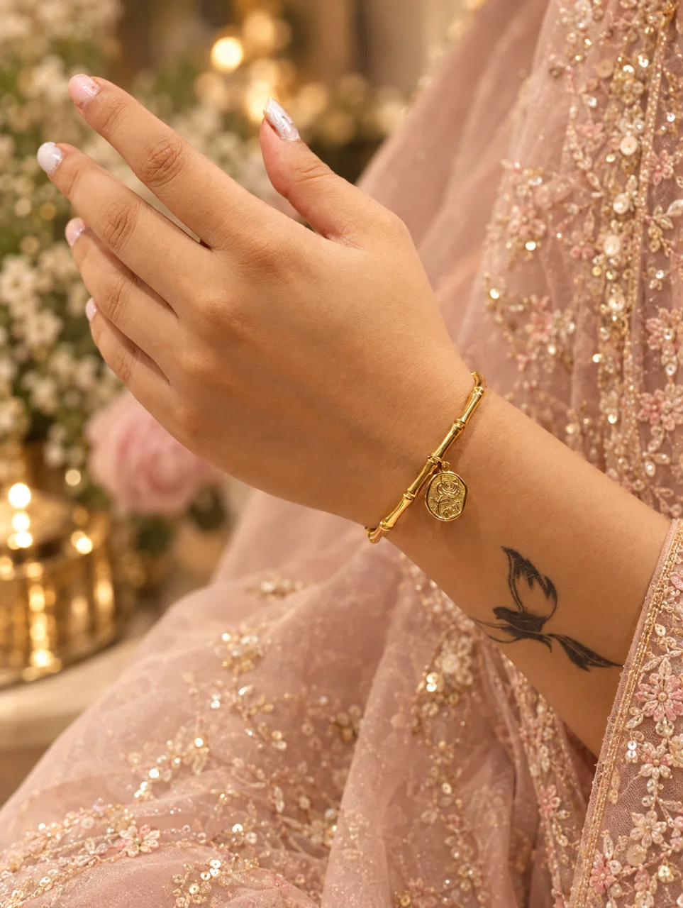 Anti Tarnish Bamboo Bracelet with Rose Medallion Charm