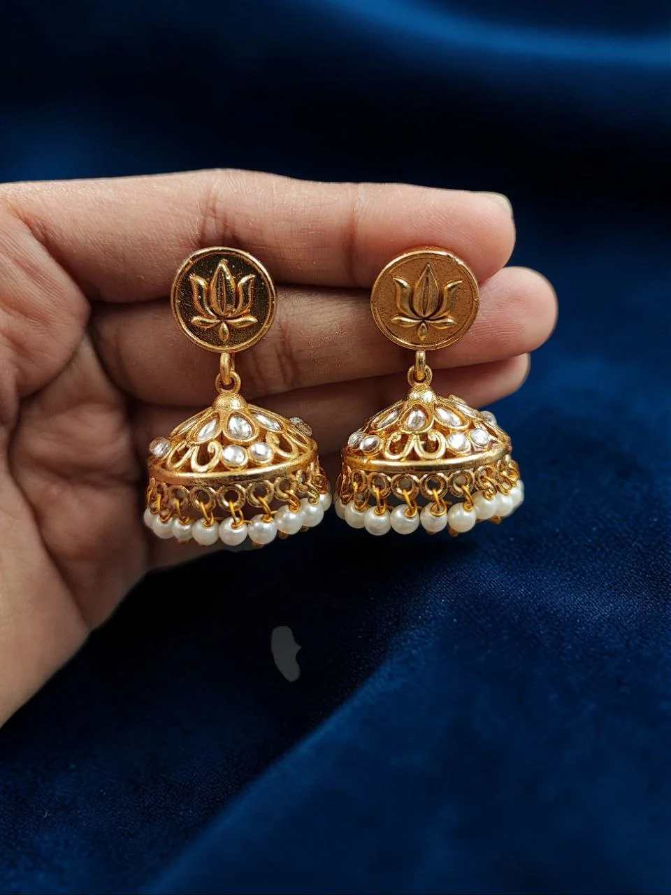 Green Meena Jhumka with Lotus Stud – view 5