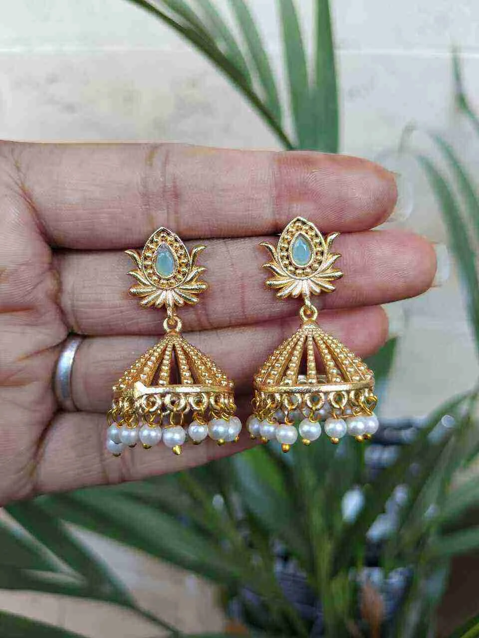 Small Lotus Bud Jhumka in Plain Gold – view 4