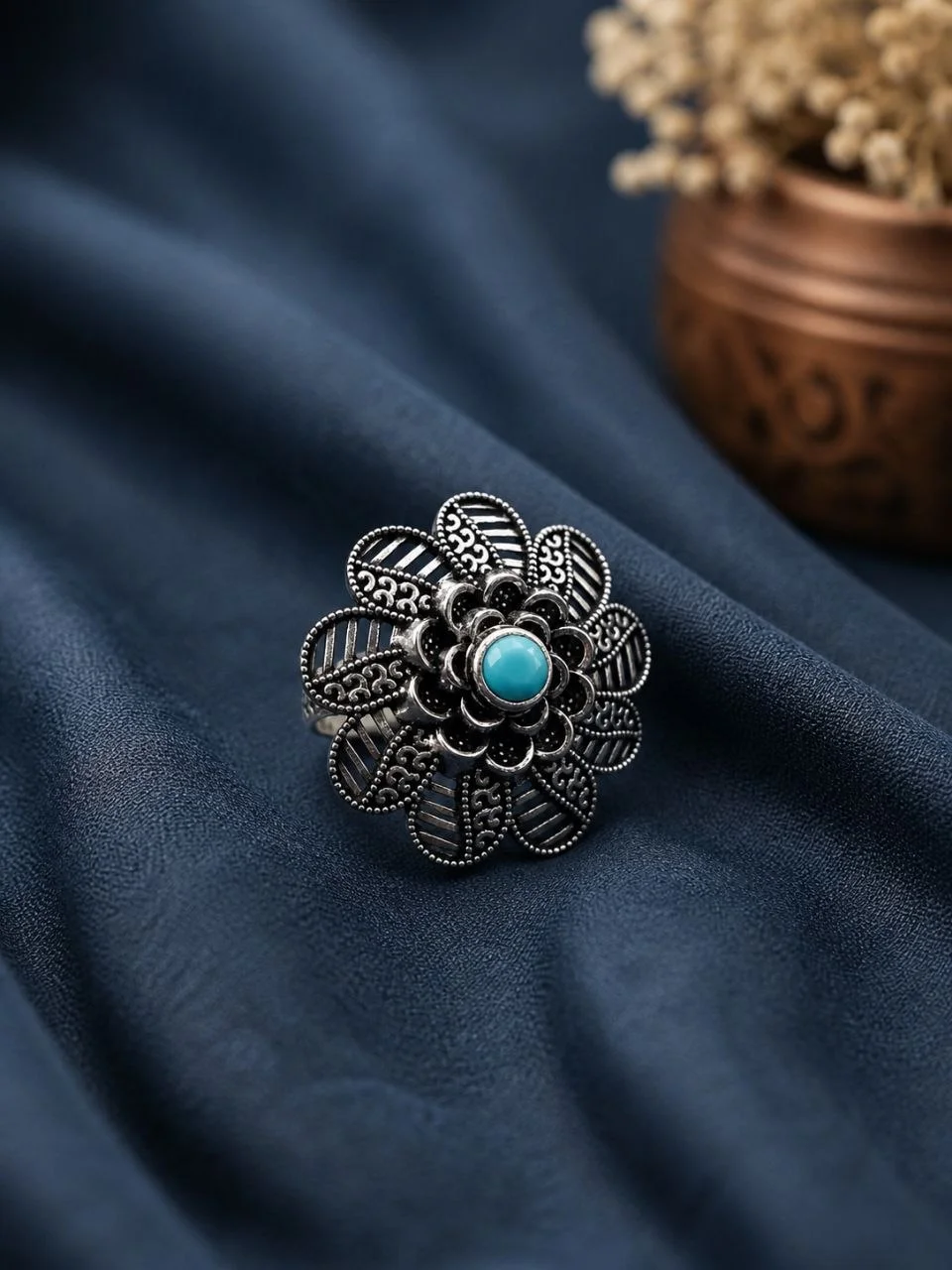 Oxidised Layered Flower Ring with Blue Centre – view 3